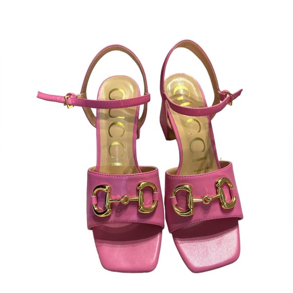Authentic Gucci Pink with Gold Buckle Block Heel Sandals - Picture 3 of 10